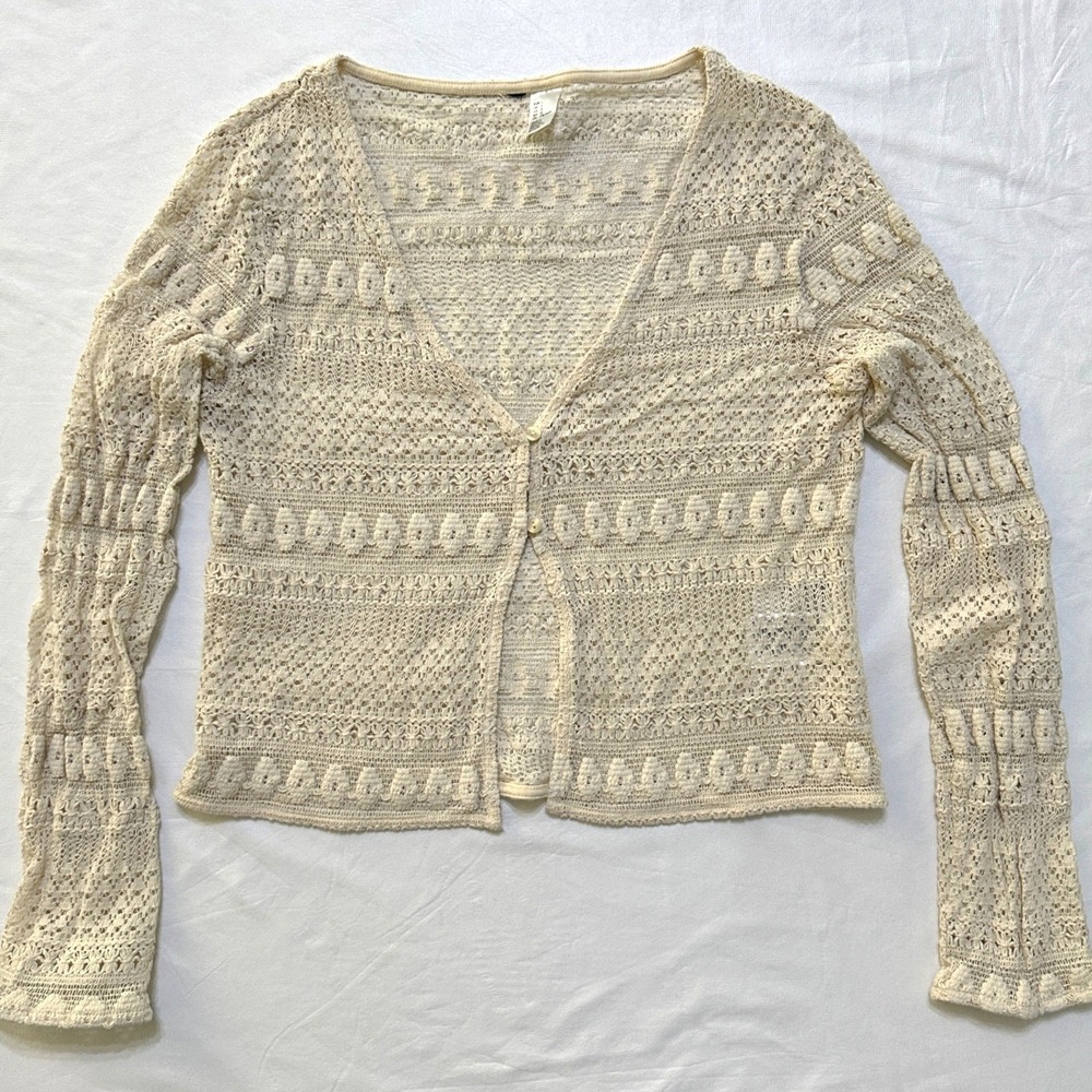 Womens Crochet Knit Cardigan Sweater Large Cream Boho Coastal Cottagecore Fairy